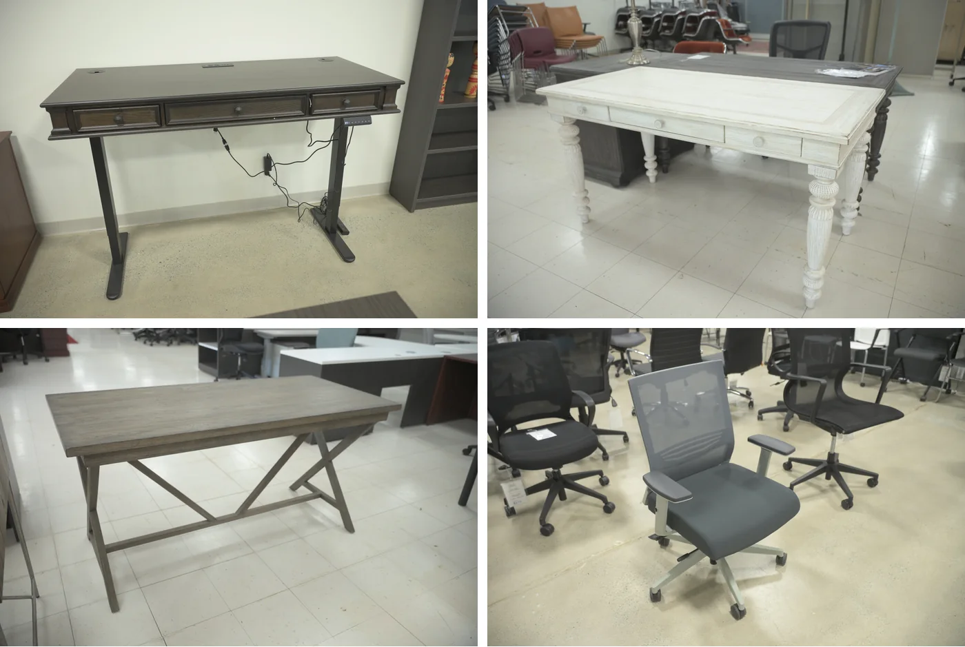 Closeout pieces on the showroom floor: an espresso sit-stand desk, a white writing desk with turned legs, a gray trestle desk, and a gray mesh task chair